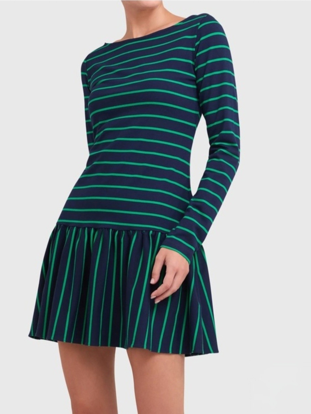 Amanda Uprichard Striped Long-Sleeve Drop-Waist Dress in Navy and Green